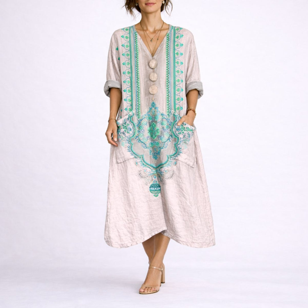 Women's Bohemian Paisley Maxi Fall Wedding Guest Dress V-Neck Kaftan
