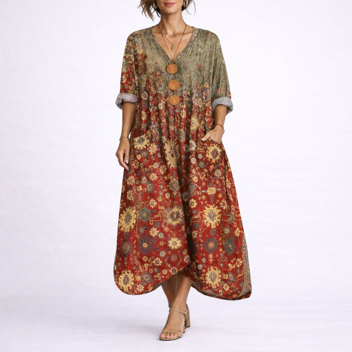 Women's Bohemian Paisley Maxi Fall Wedding Guest Dress V-Neck Kaftan