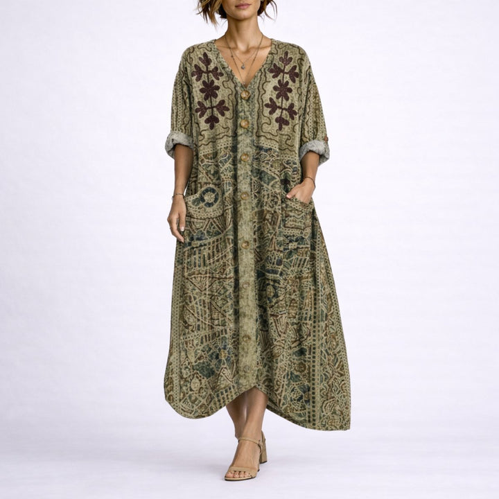 Women's Bohemian Paisley Maxi Fall Wedding Guest Dress V-Neck Kaftan