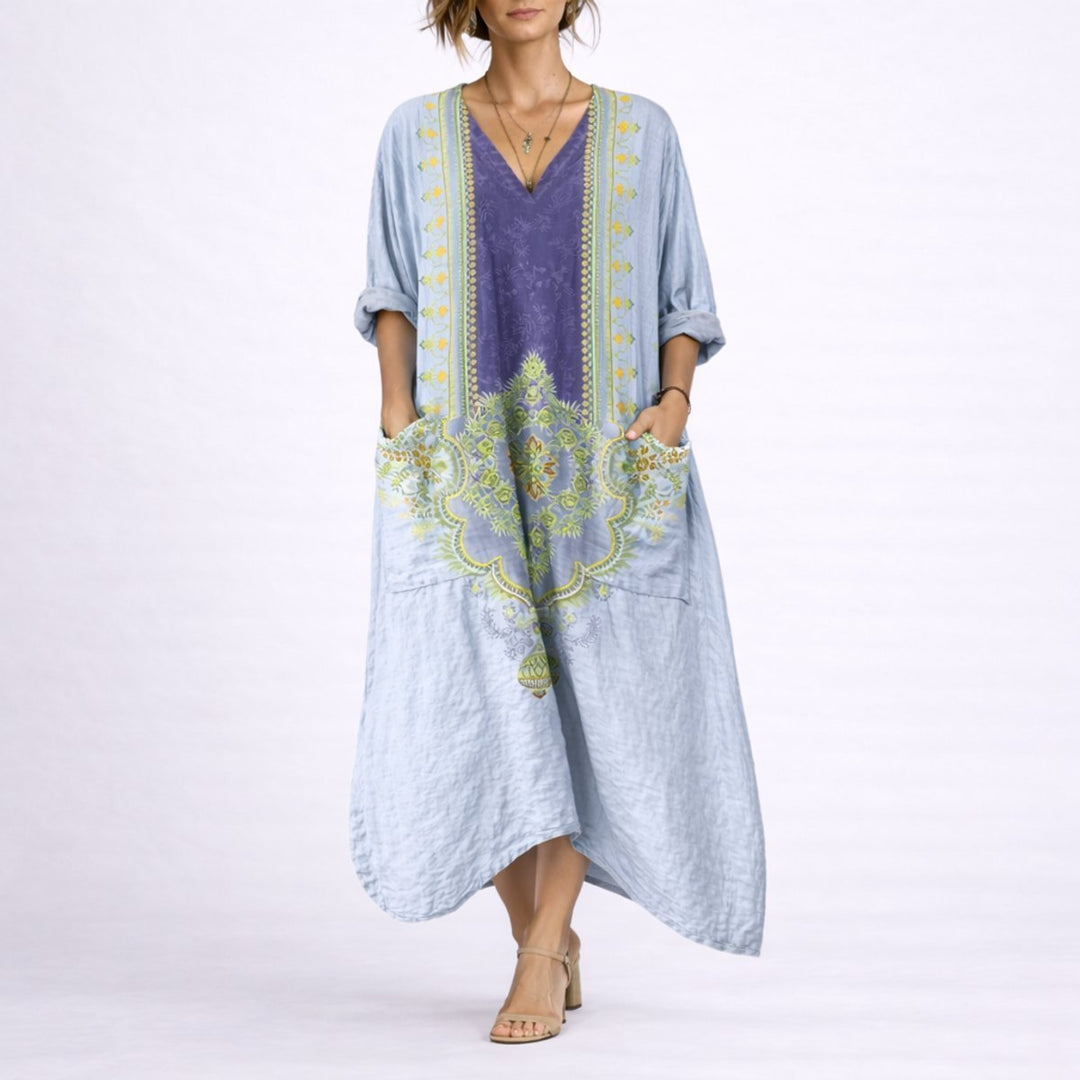 Women's Bohemian Paisley Maxi Fall Wedding Guest Dress V-Neck Kaftan