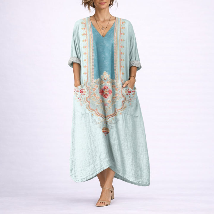 Women's Bohemian Paisley Maxi Fall Wedding Guest Dress V-Neck Kaftan