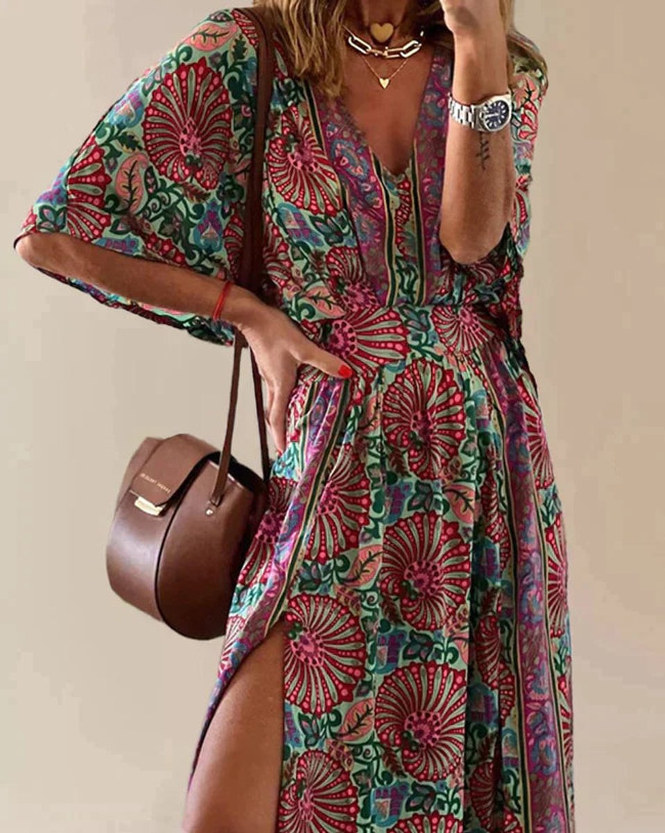 Women's Bohemian V-Neck Floral Print Fall Midi Dress