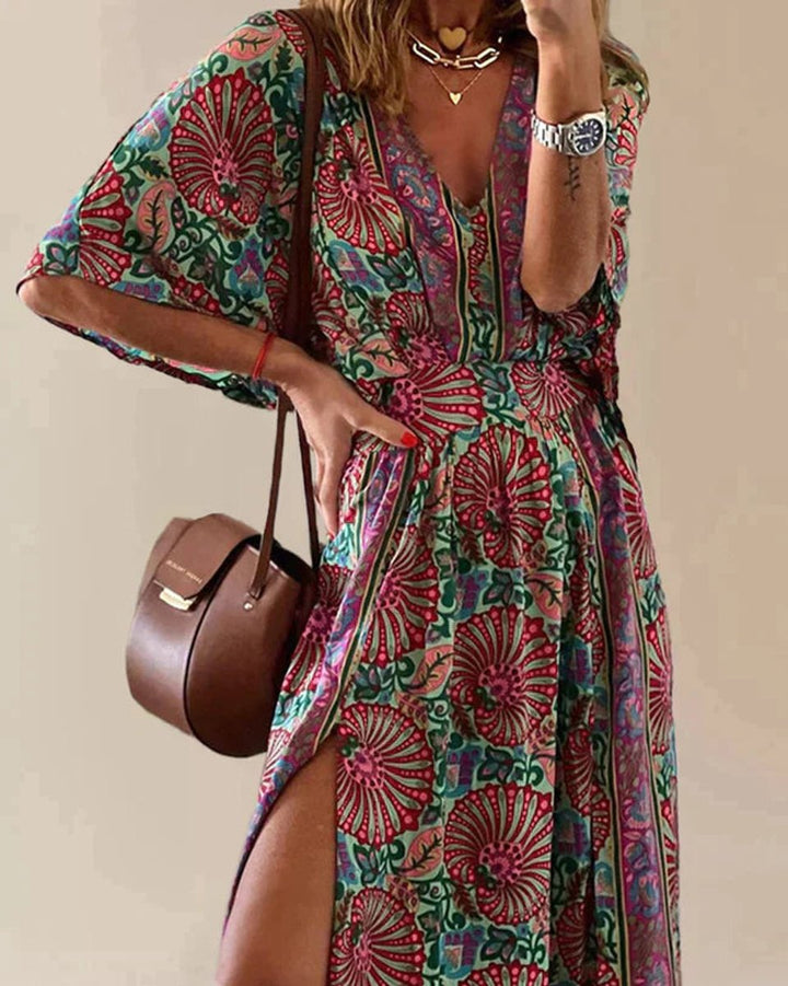 Women's Bohemian V-Neck Floral Print Fall Midi Dress