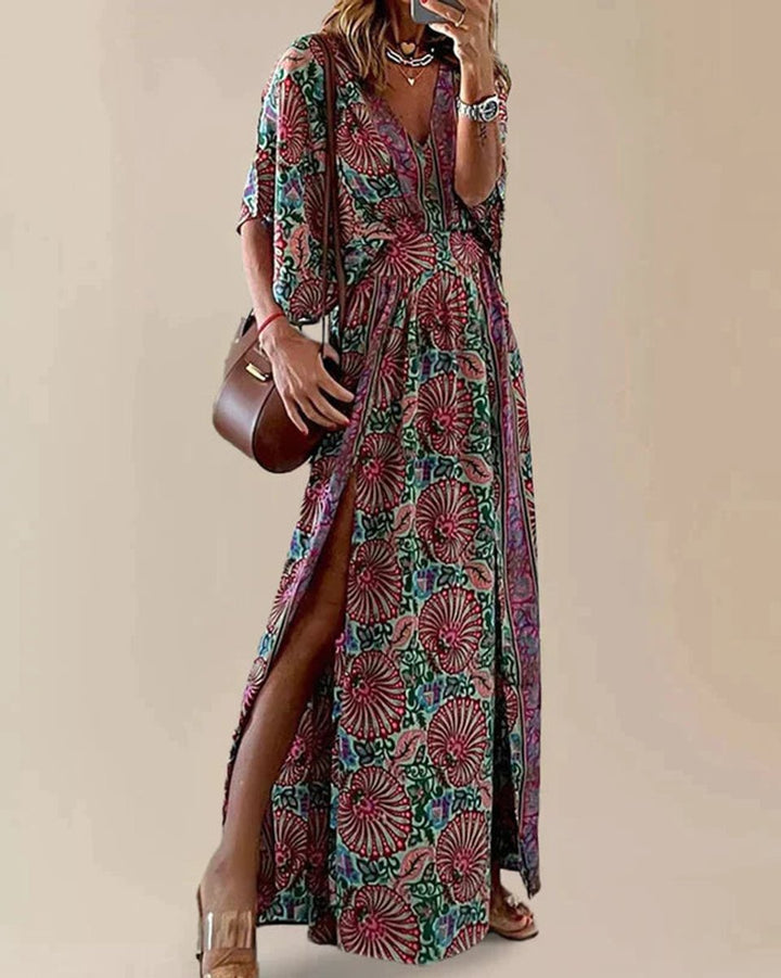 Women's Bohemian V-Neck Floral Print Fall Midi Dress