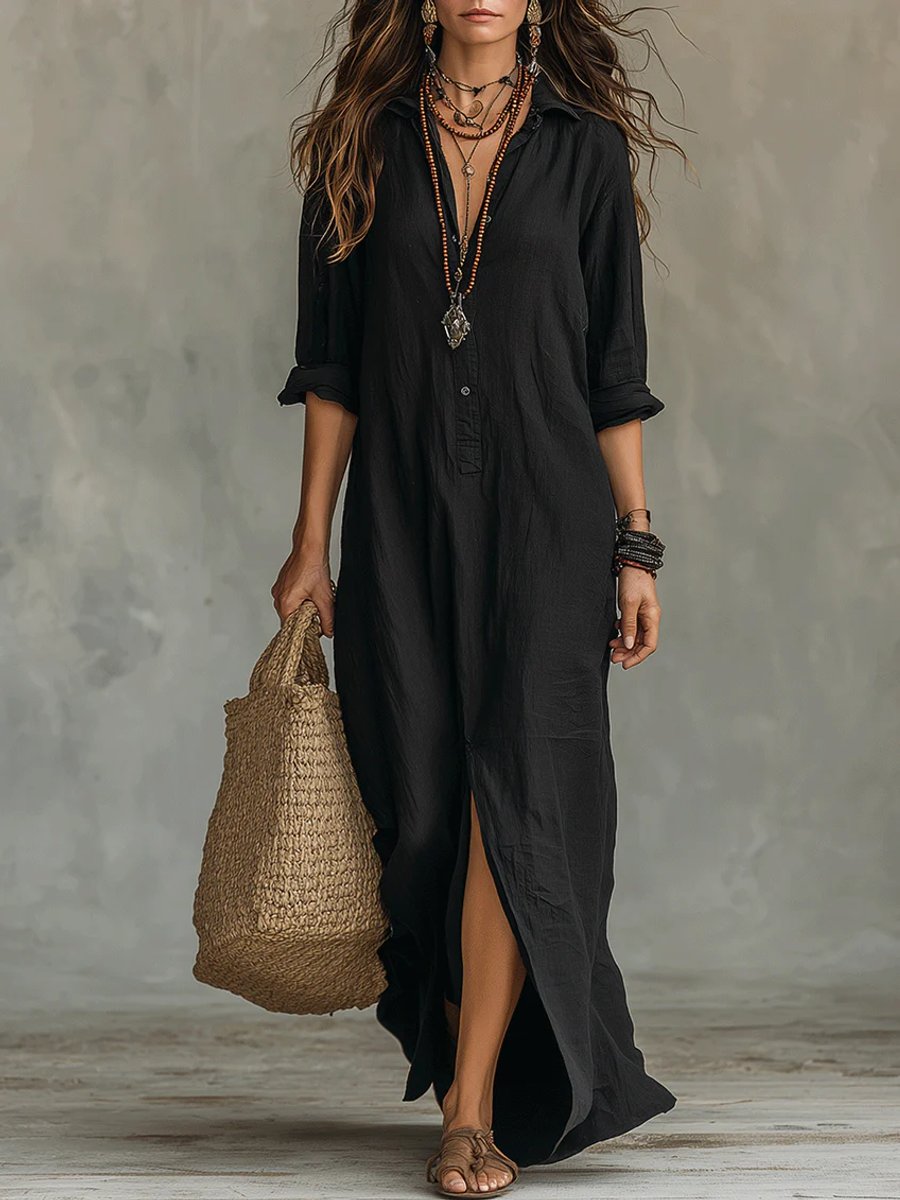 Women's Boho Button-Down Fall Wedding Guest Dress Maxi Shirt Dress
