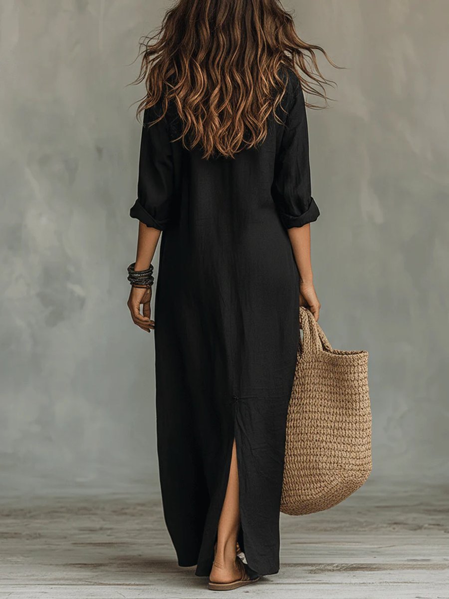 Women's Boho Button-Down Fall Wedding Guest Dress Maxi Shirt Dress