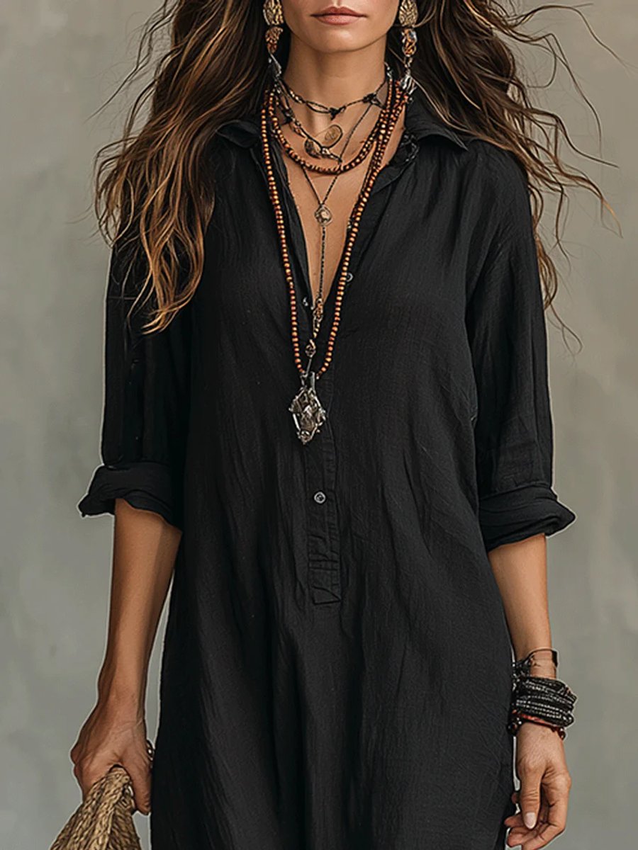 Women's Boho Button-Down Fall Wedding Guest Dress Maxi Shirt Dress