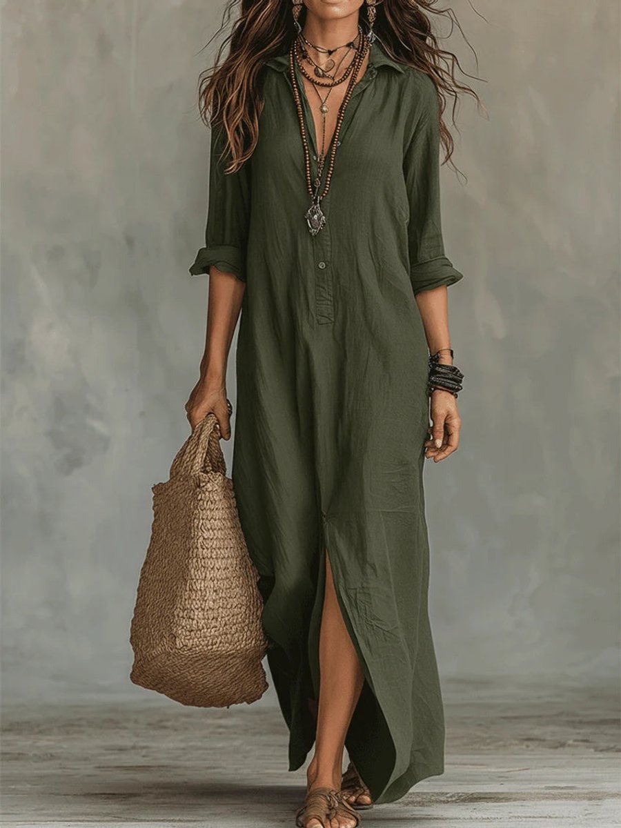 Women's Boho Button-Down Fall Wedding Guest Dress Maxi Shirt Dress
