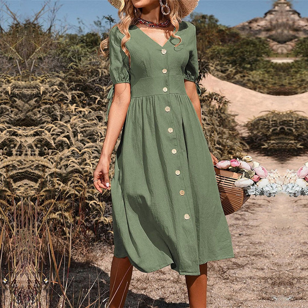 Women's Boho Button-Front V-Neck Fall Midi Dress