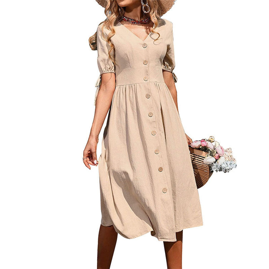 Women's Boho Button-Front V-Neck Fall Midi Dress