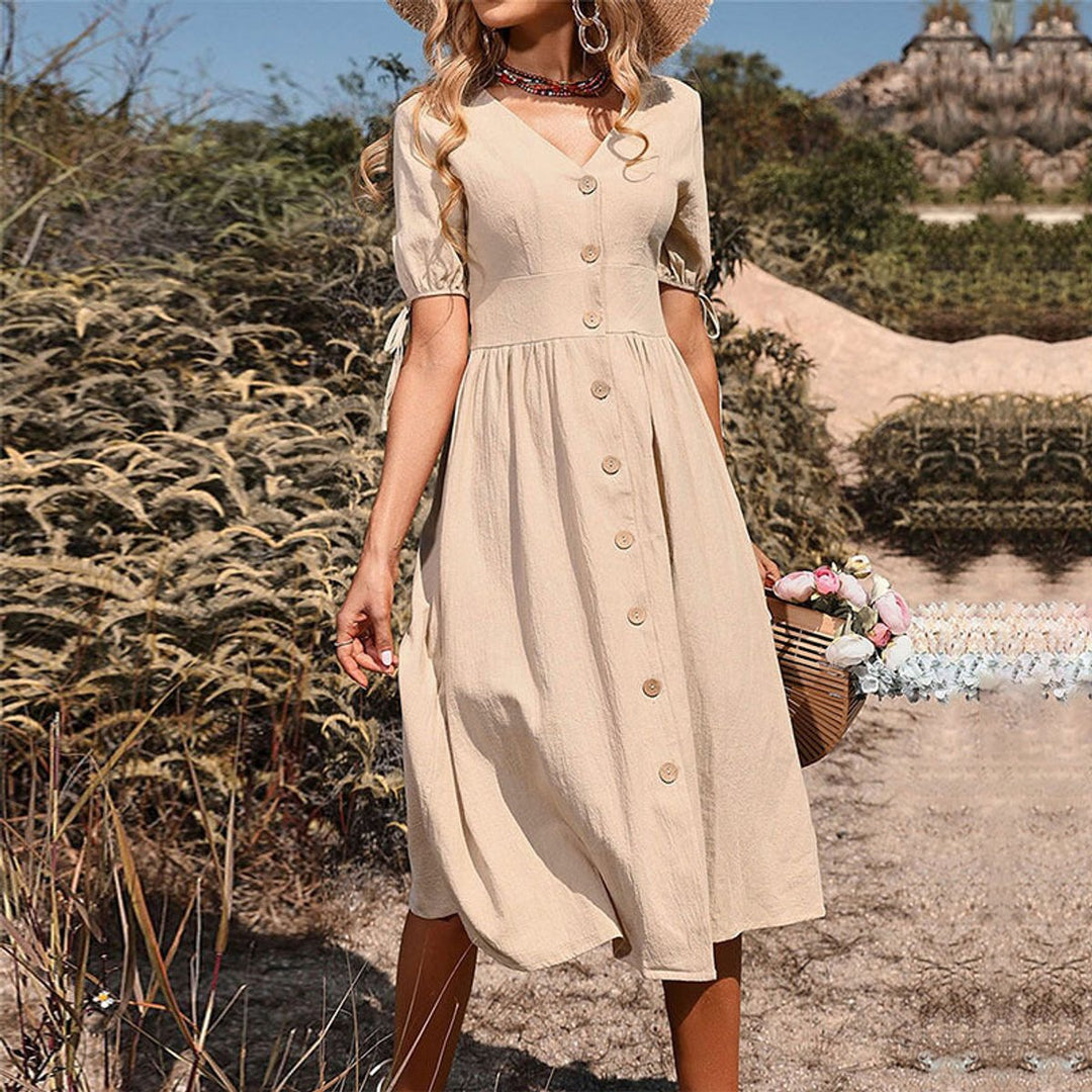 Women's Boho Button-Front V-Neck Fall Midi Dress