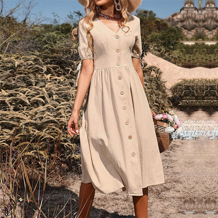Women's Boho Button-Front V-Neck Fall Midi Dress