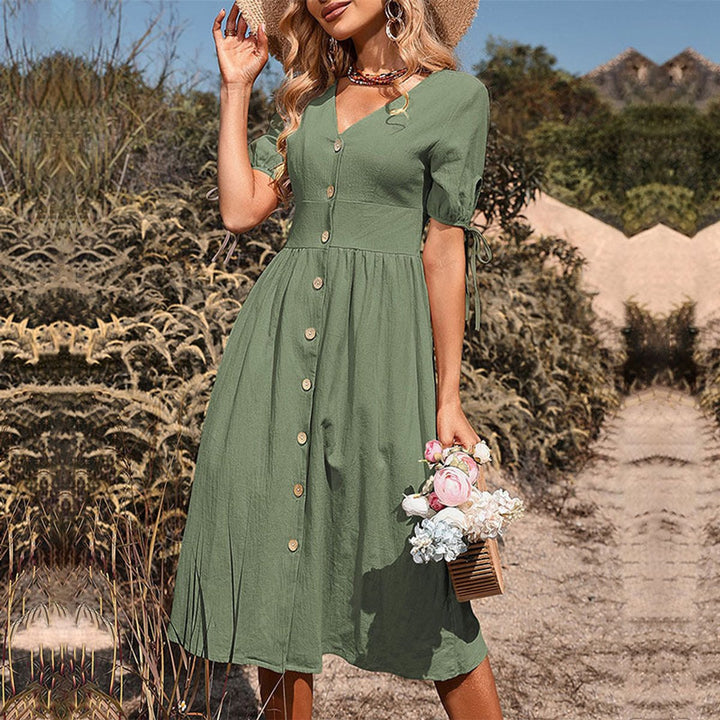 Women's Boho Button-Front V-Neck Fall Midi Dress