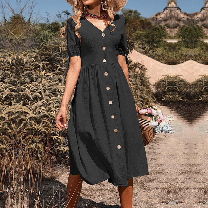 Women's Boho Button-Front V-Neck Fall Midi Dress