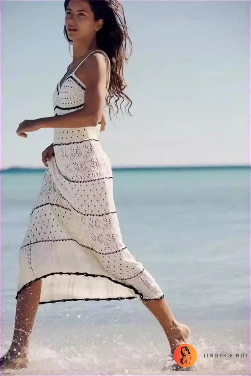 Women's Boho Crochet Knit Fall Midi Dress Spaghetti Strap