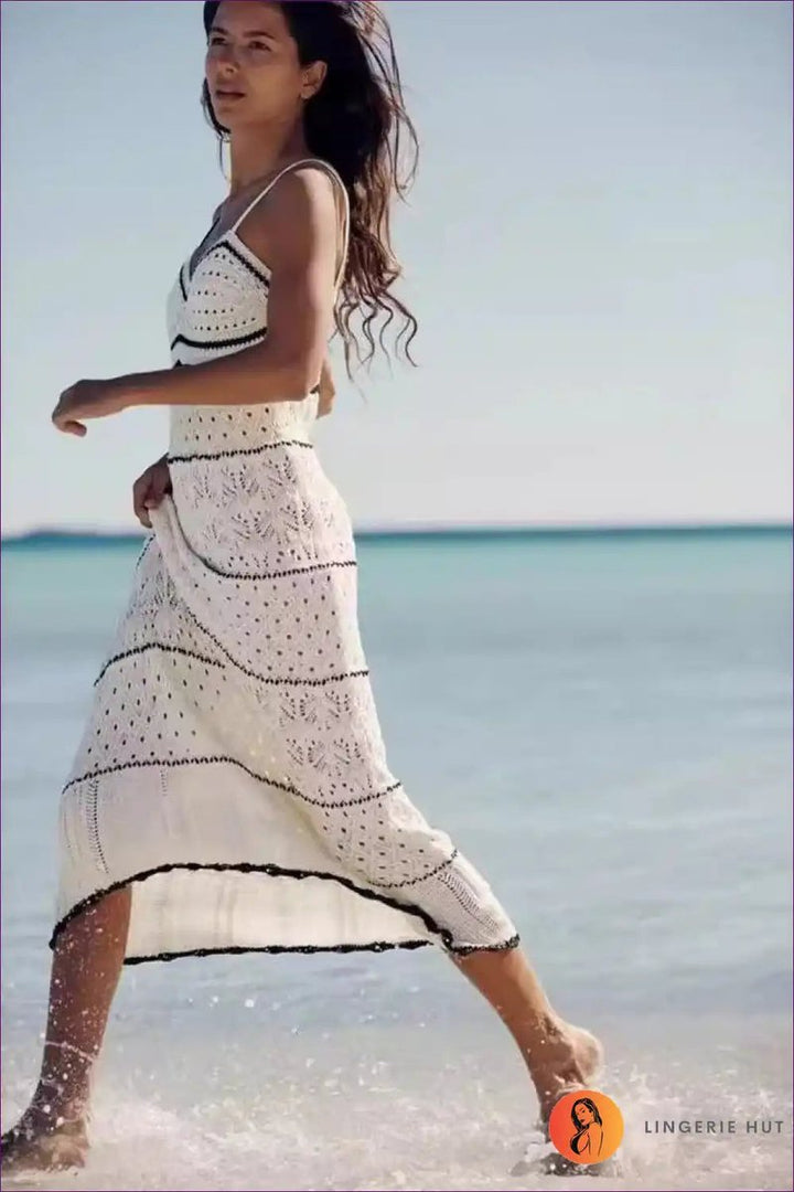 Women's Boho Crochet Knit Fall Midi Dress Spaghetti Strap