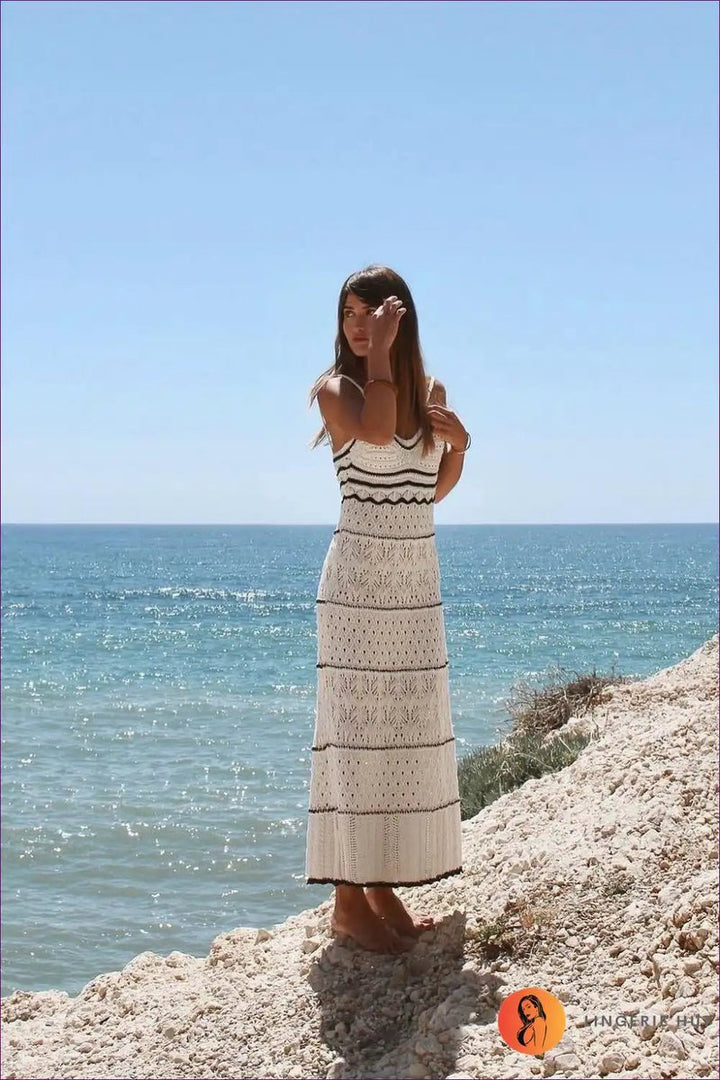 Women's Boho Crochet Knit Fall Midi Dress Spaghetti Strap
