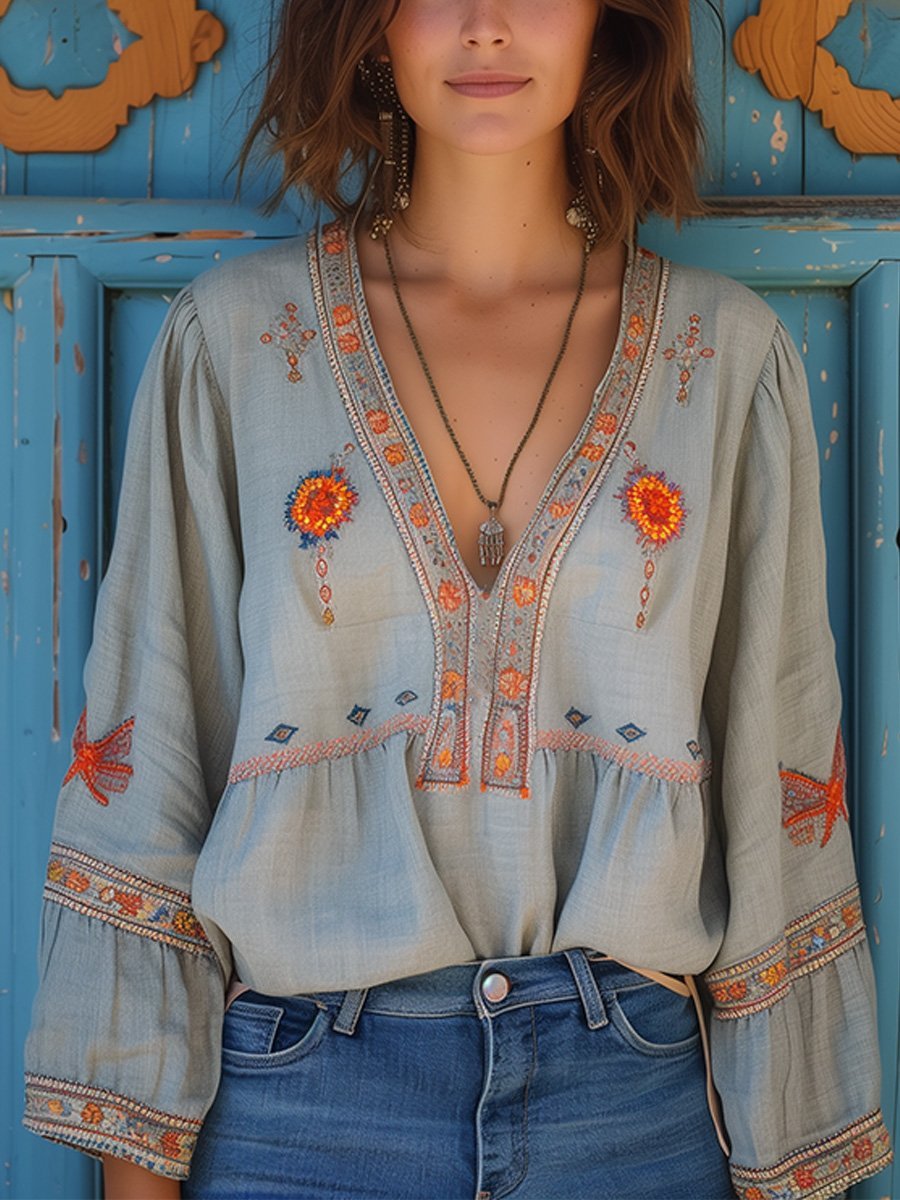 Women's Boho Embroidered V-Neck Bell-Sleeve Peasant Blouse