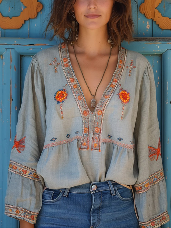 Women's Boho Embroidered V-Neck Bell-Sleeve Peasant Blouse
