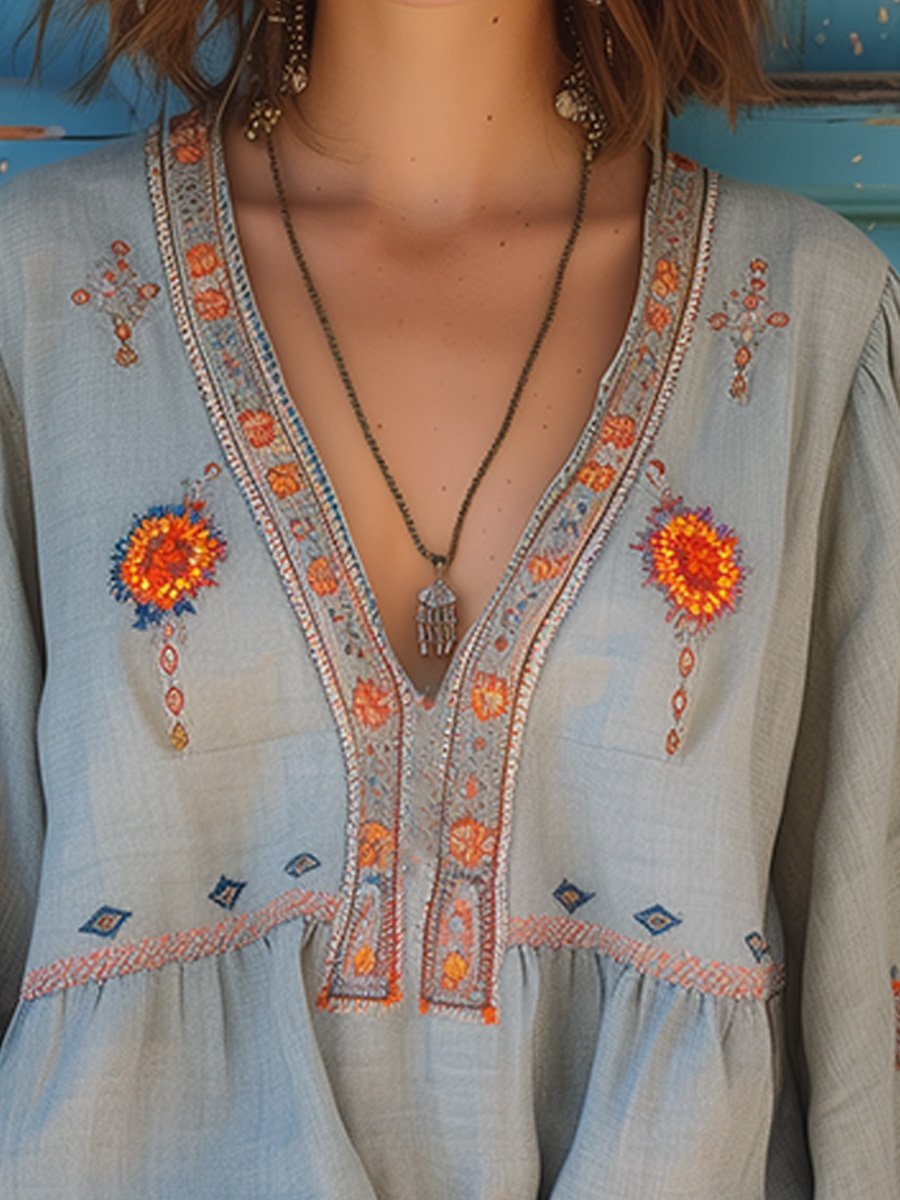 Women's Boho Embroidered V-Neck Bell-Sleeve Peasant Blouse