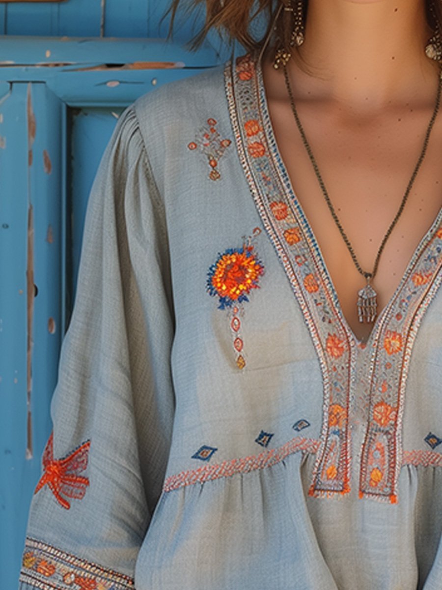 Women's Boho Embroidered V-Neck Bell-Sleeve Peasant Blouse