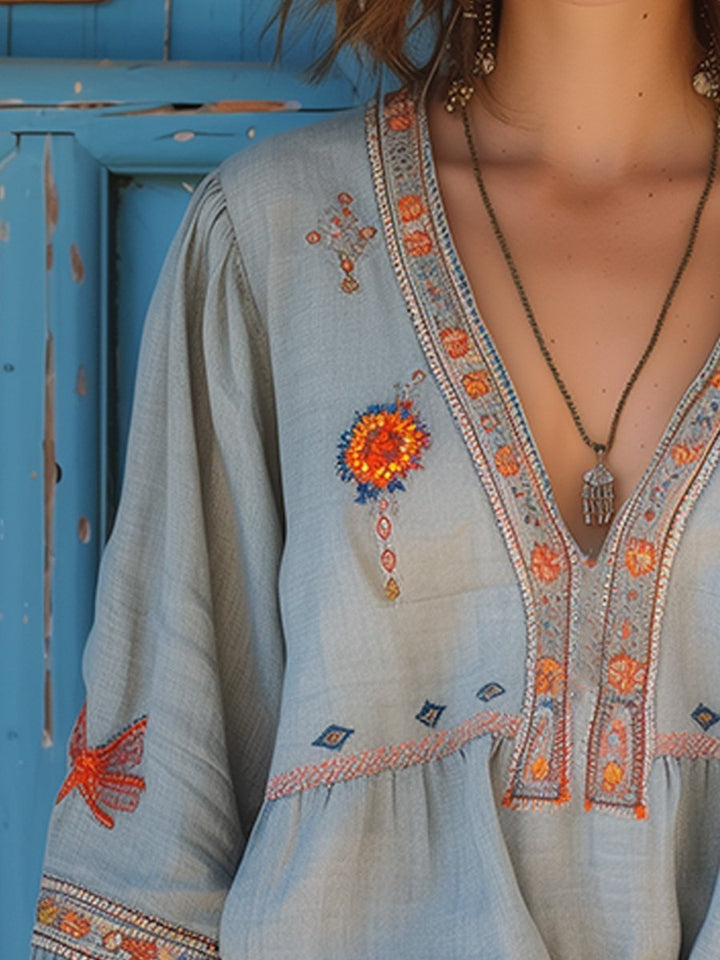 Women's Boho Embroidered V-Neck Bell-Sleeve Peasant Blouse
