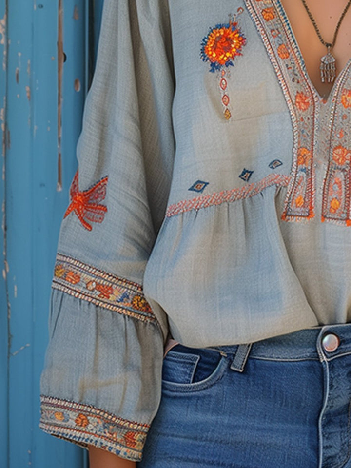 Women's Boho Embroidered V-Neck Bell-Sleeve Peasant Blouse