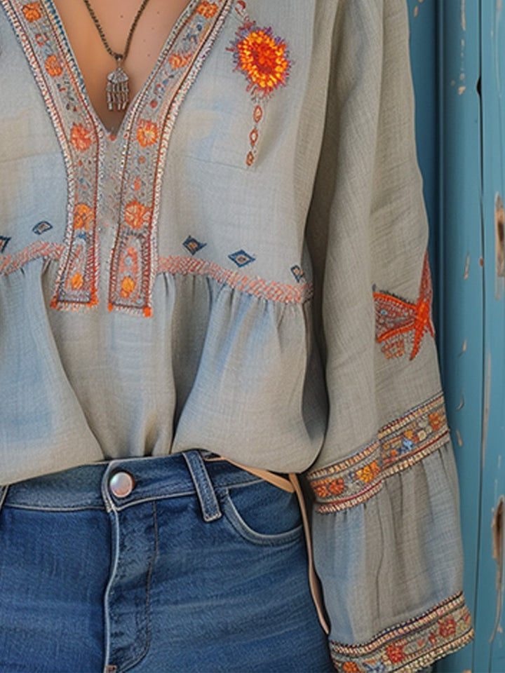 Women's Boho Embroidered V-Neck Bell-Sleeve Peasant Blouse