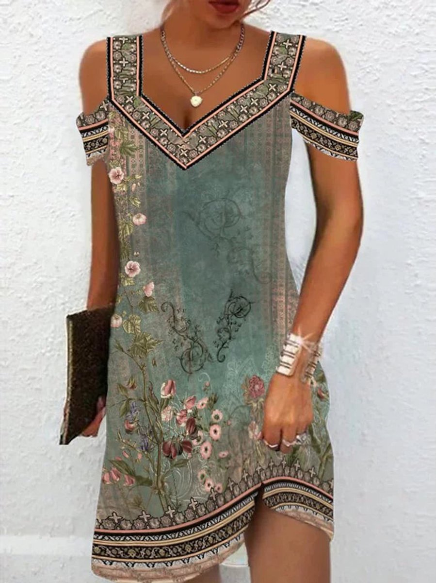 Women's Boho Floral Cold-Shoulder Fall Midi Dress