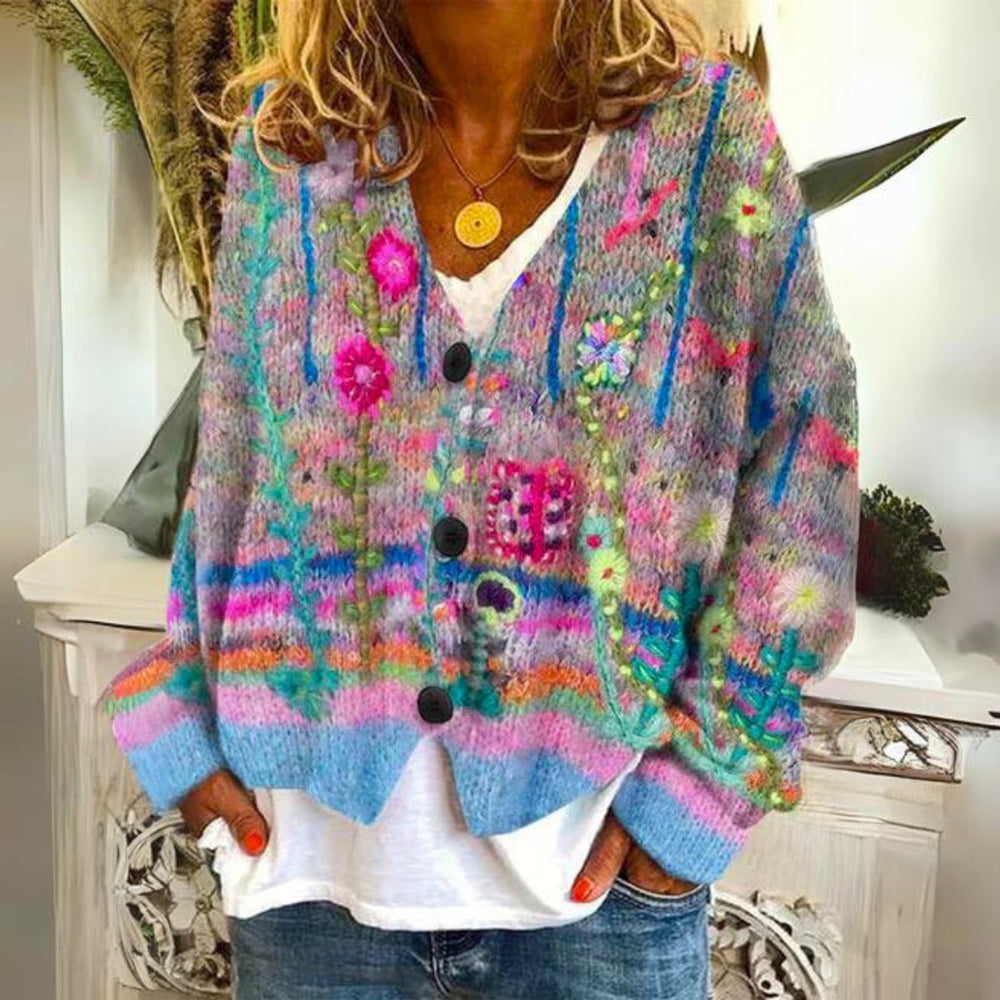 Women's Boho Floral Embroidered Knit Oversized Sweater Cardigan