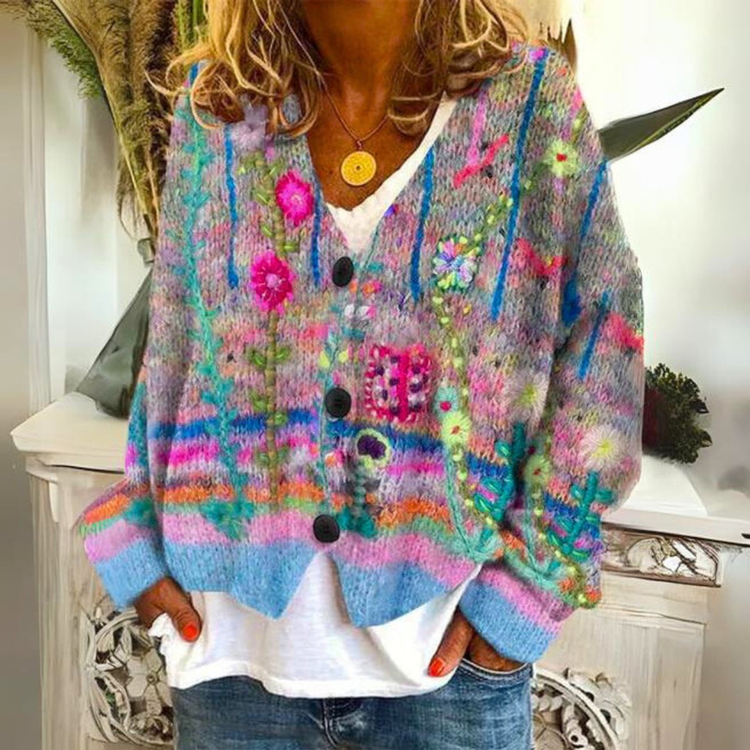 Women's Boho Floral Embroidered Knit Oversized Sweater Cardigan