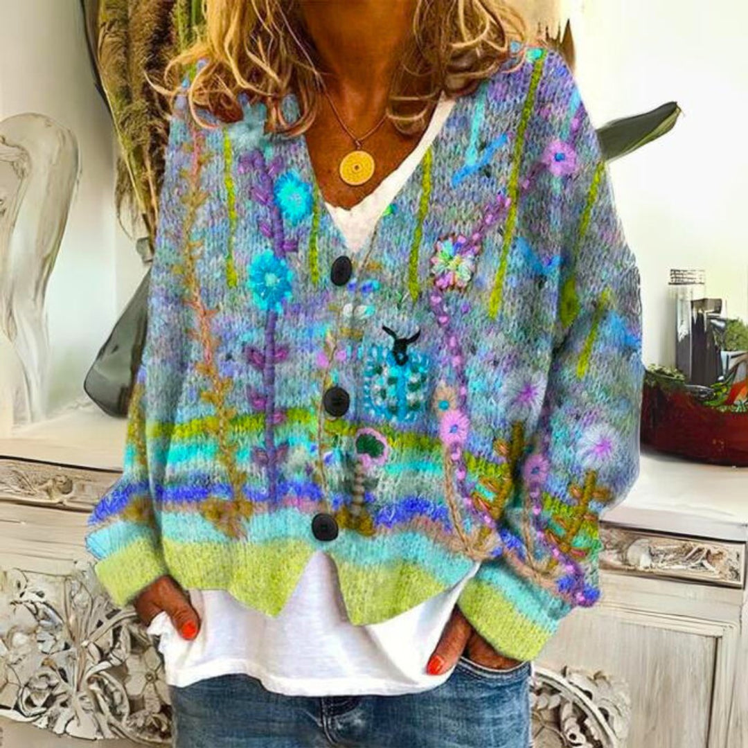 Women's Boho Floral Embroidered Knit Oversized Sweater Cardigan