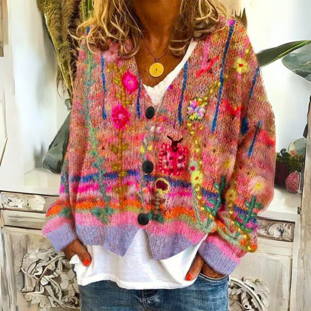 Women's Boho Floral Embroidered Knit Oversized Sweater Cardigan