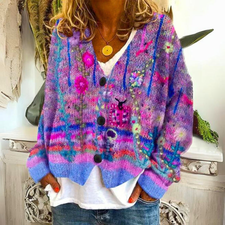 Women's Boho Floral Embroidered Knit Oversized Sweater Cardigan