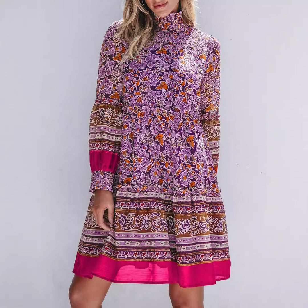 Women's Boho Floral Long-Sleeve Smocked Fall Midi Dress