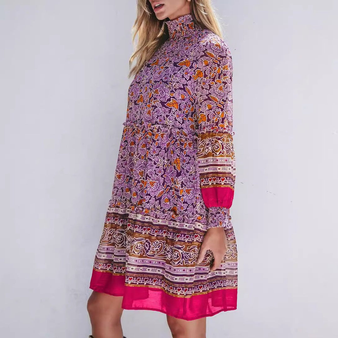 Women's Boho Floral Long-Sleeve Smocked Fall Midi Dress