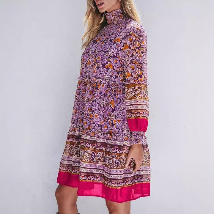 Women's Boho Floral Long-Sleeve Smocked Fall Midi Dress