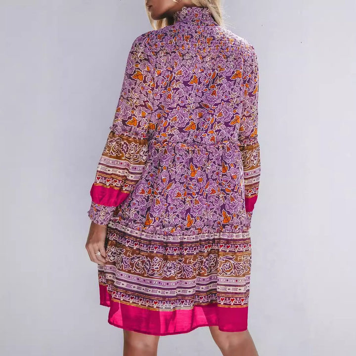 Women's Boho Floral Long-Sleeve Smocked Fall Midi Dress