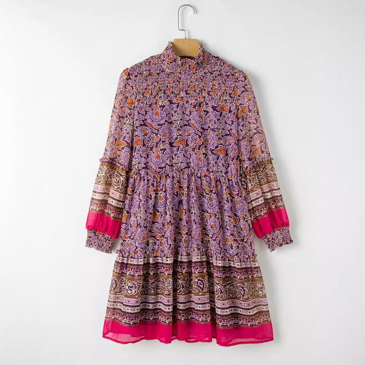 Women's Boho Floral Long-Sleeve Smocked Fall Midi Dress