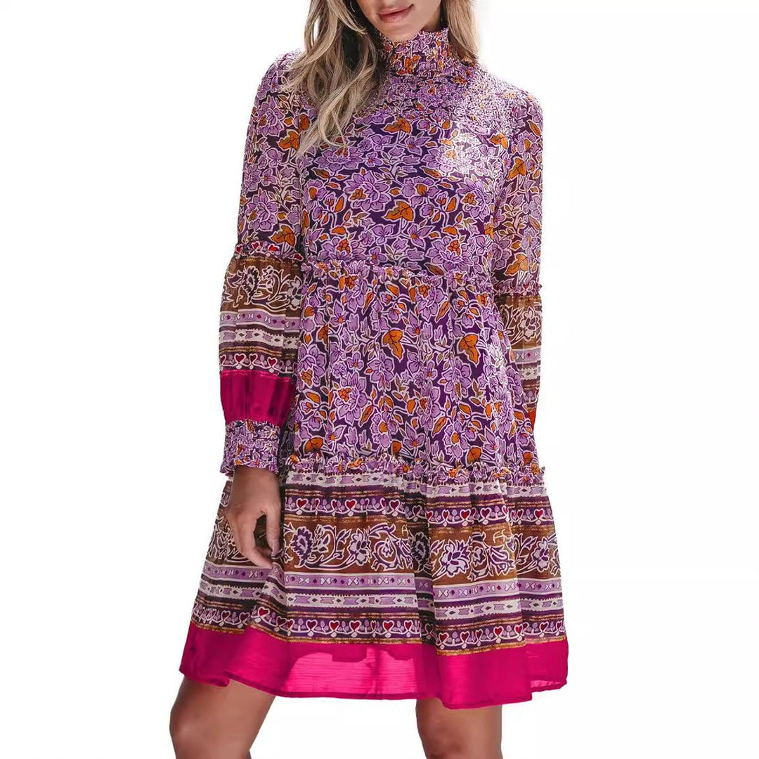 Women's Boho Floral Long-Sleeve Smocked Fall Midi Dress