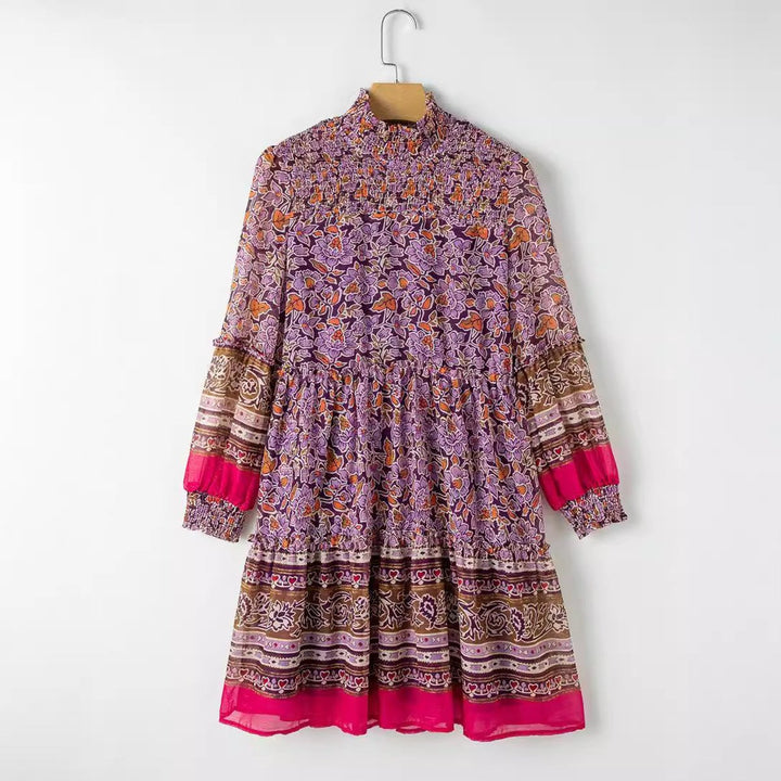 Women's Boho Floral Long-Sleeve Smocked Fall Midi Dress