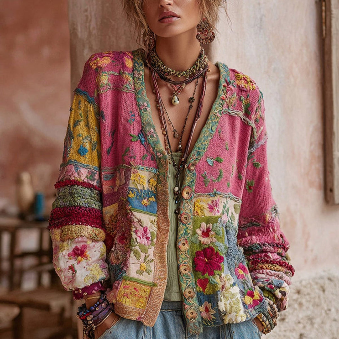 Women's Boho Floral Patchwork Embroidered Knit Cardigan