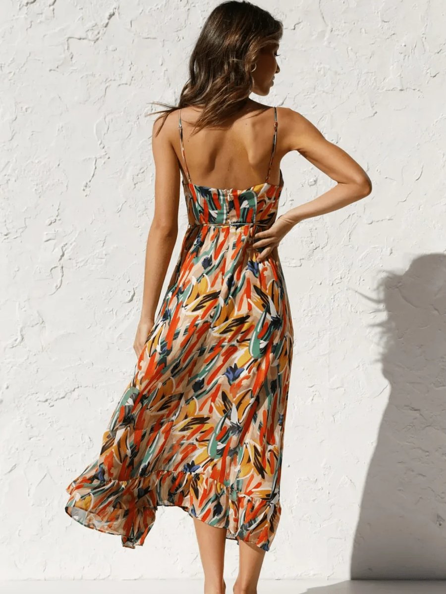 Women's Boho Floral Print Spaghetti Strap Fall Midi Dress