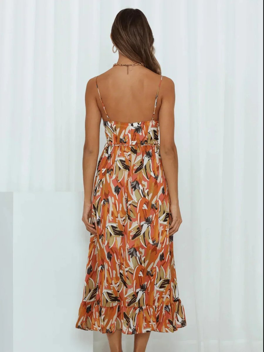 Women's Boho Floral Print Spaghetti Strap Fall Midi Dress