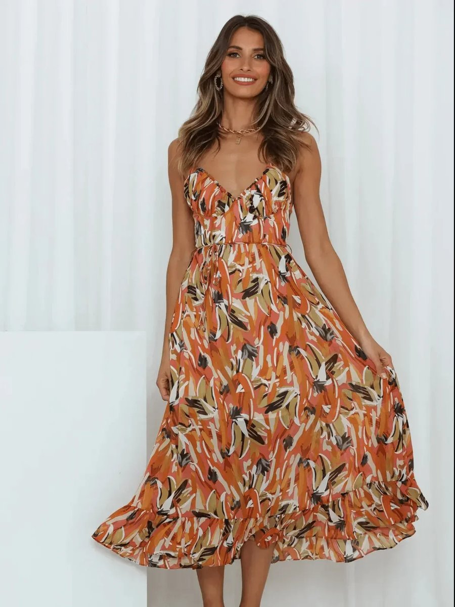 Women's Boho Floral Print Spaghetti Strap Fall Midi Dress
