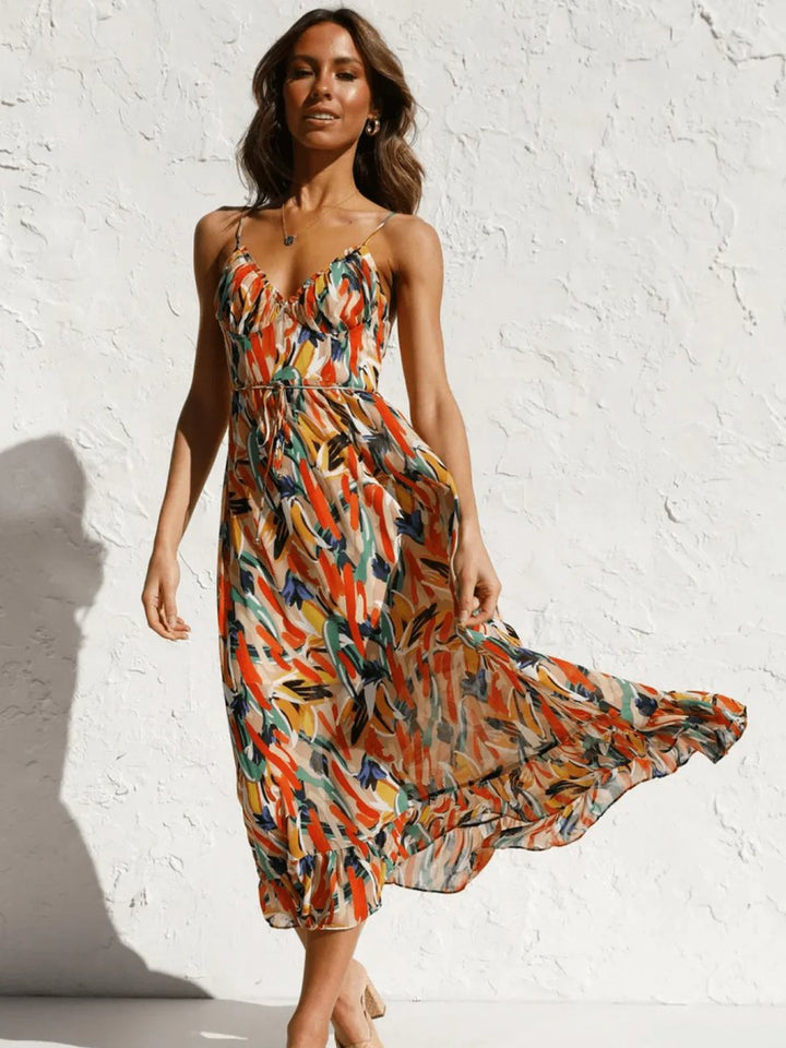 Women's Boho Floral Print Spaghetti Strap Fall Midi Dress