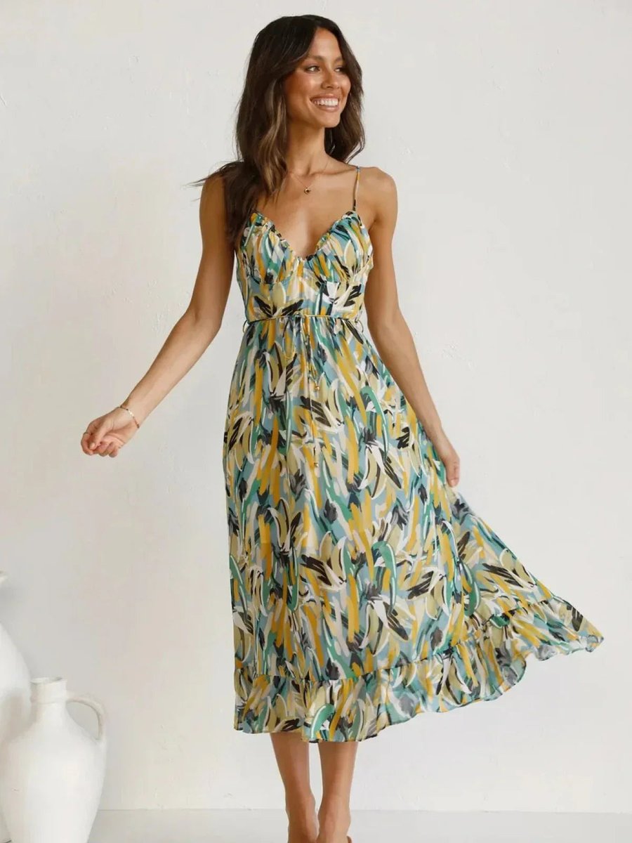 Women's Boho Floral Print Spaghetti Strap Fall Midi Dress