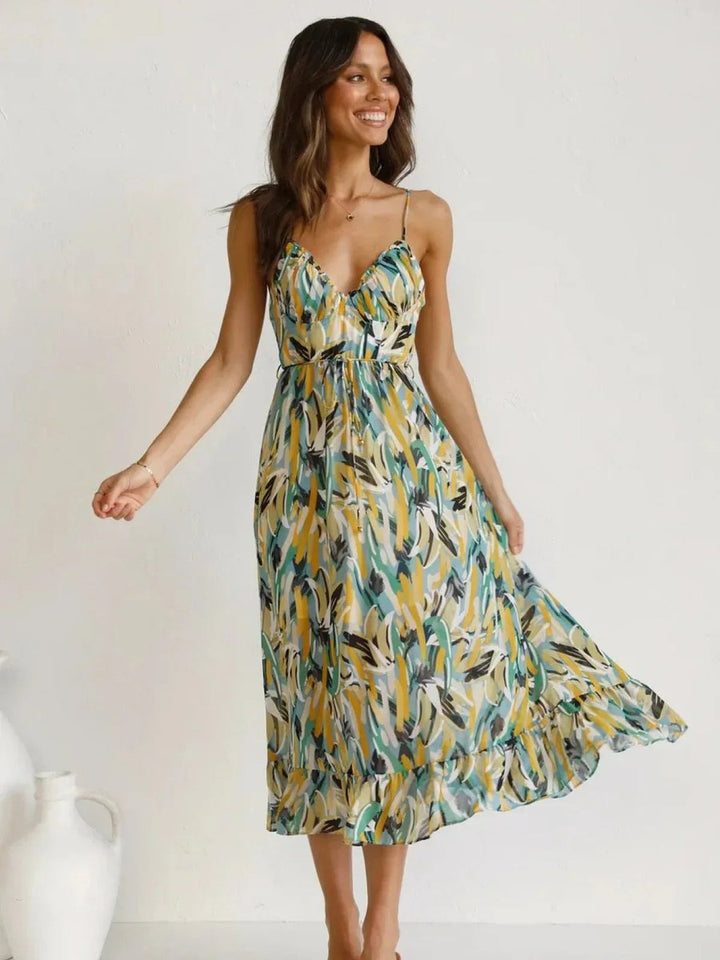 Women's Boho Floral Print Spaghetti Strap Fall Midi Dress