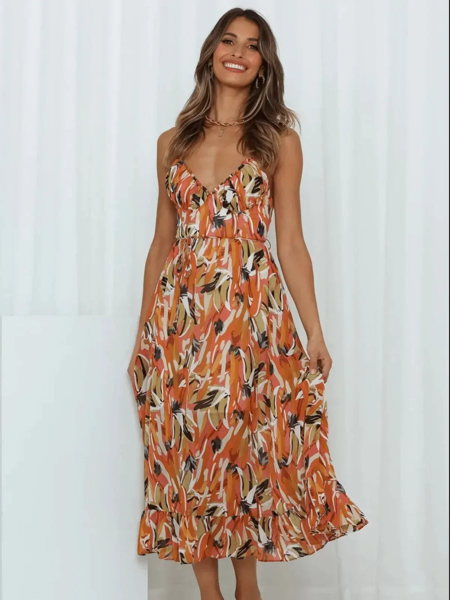 Women's Boho Floral Print Spaghetti Strap Fall Midi Dress