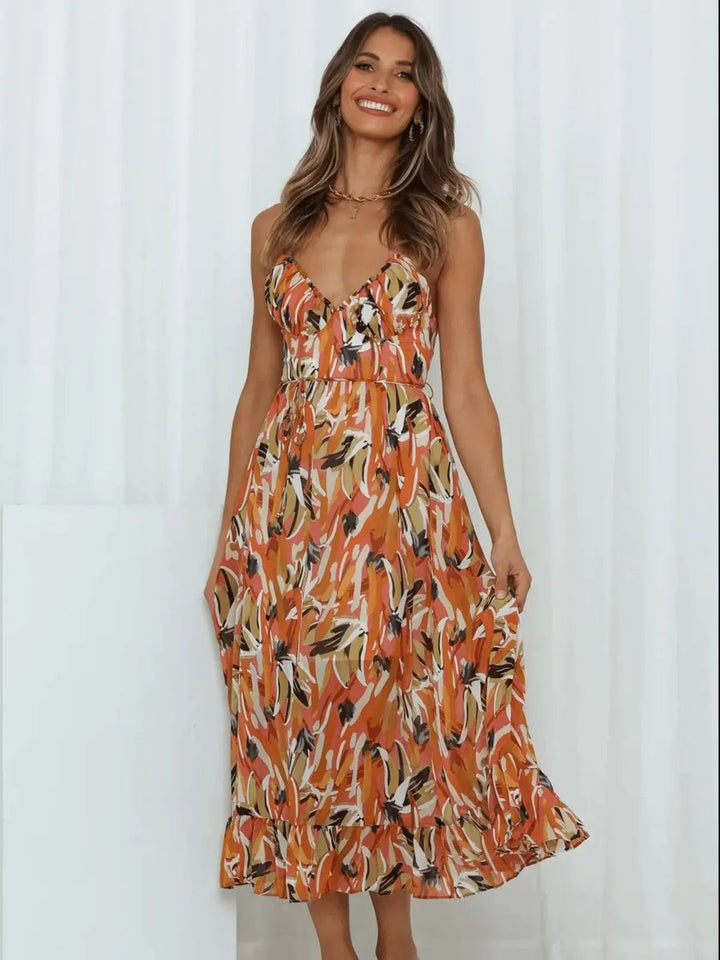 Women's Boho Floral Print Spaghetti Strap Fall Midi Dress